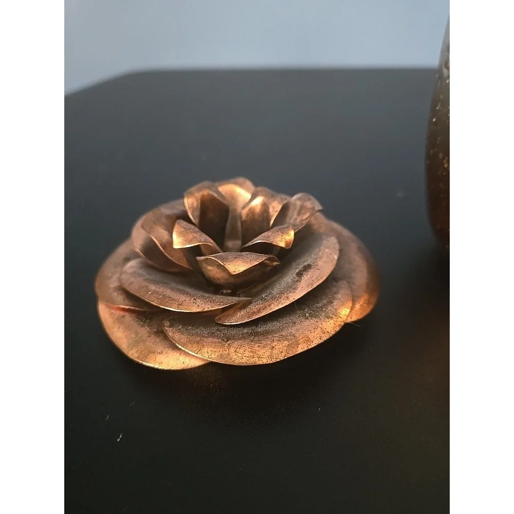 Copper Metal Rose Flower Top‎ handcrafted  bent welded & Partial Candle Glass